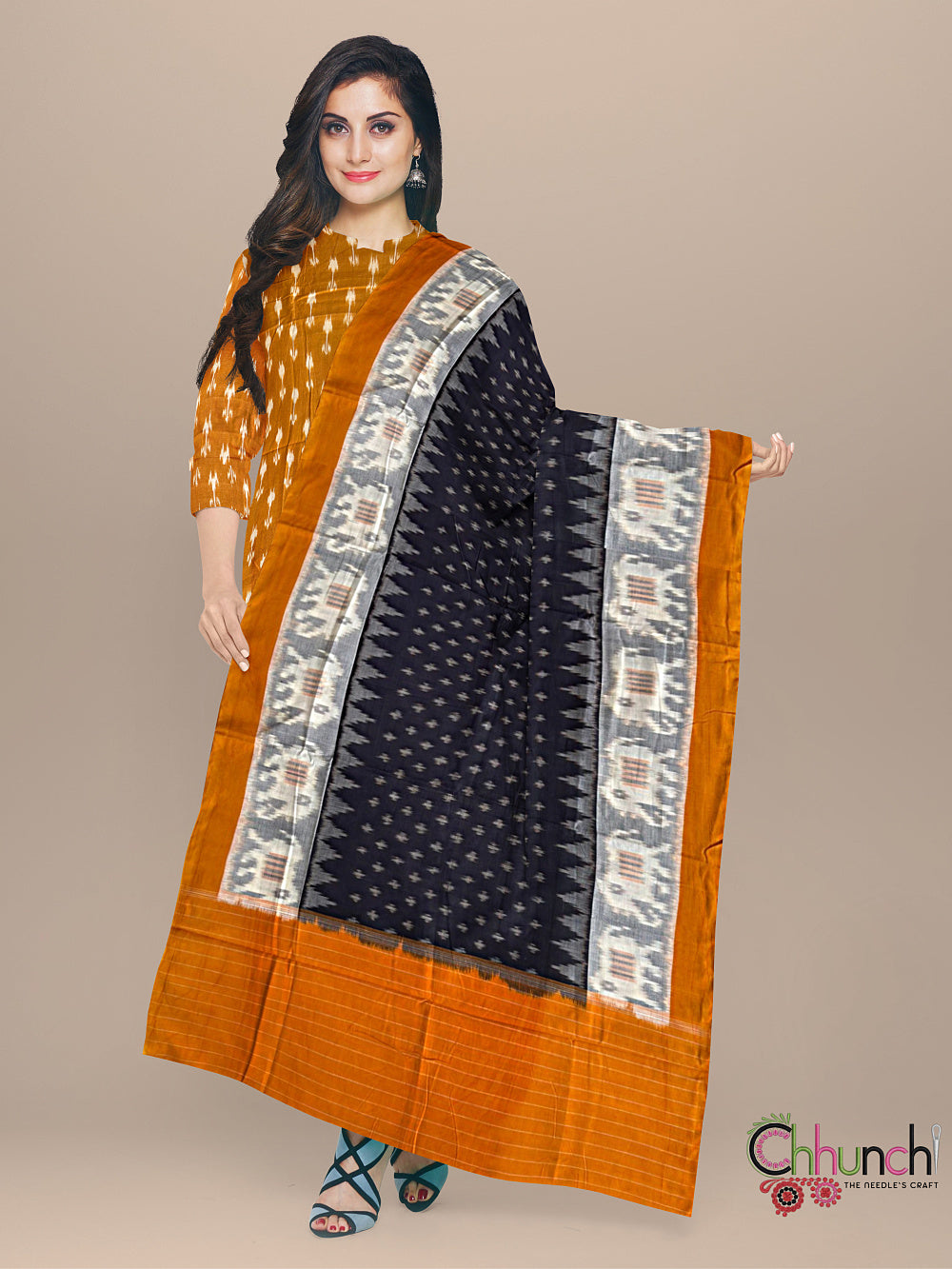 Mustard Yellow and Beige Ikkat Cotton Dress Material