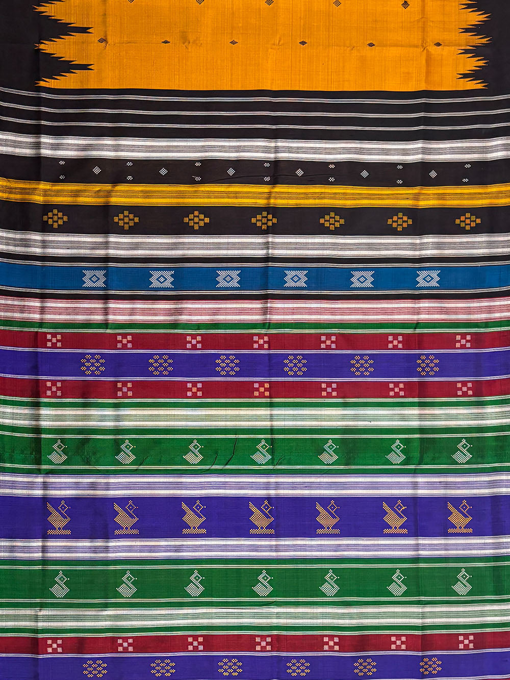 Mustard Yellow and Black Double Pallu Handloom Berhampuri Pure Silk Patta Saree