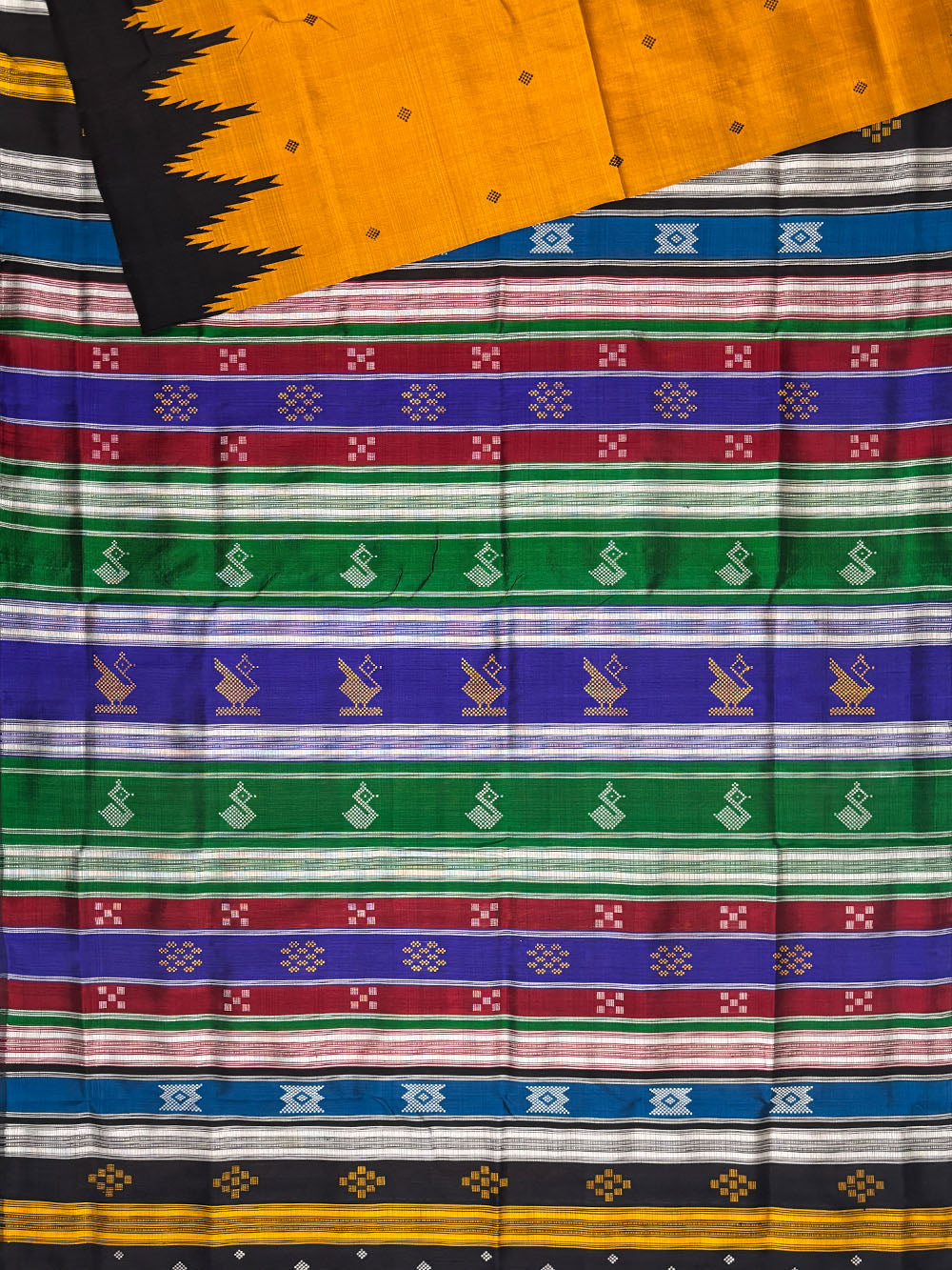 Mustard Yellow and Black Double Pallu Handloom Berhampuri Pure Silk Patta Saree