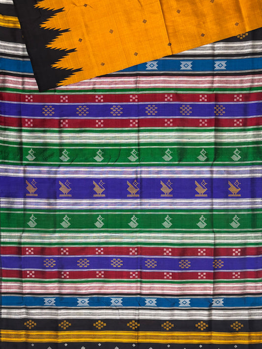 Mustard Yellow and Black Double Pallu Handloom Berhampuri Pure Silk Patta Saree