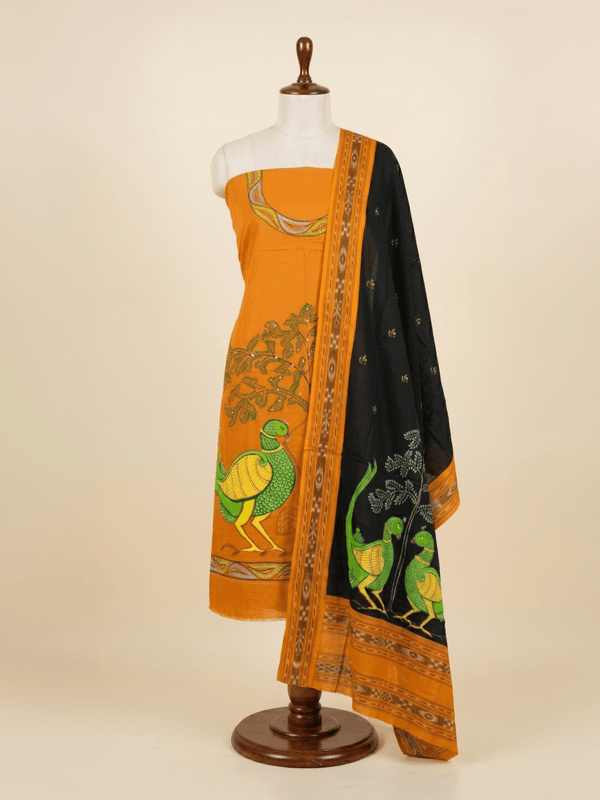 Mustard Yellow and Black Hand Painted Pattachitra Dress Material with Patchwork Dupatta