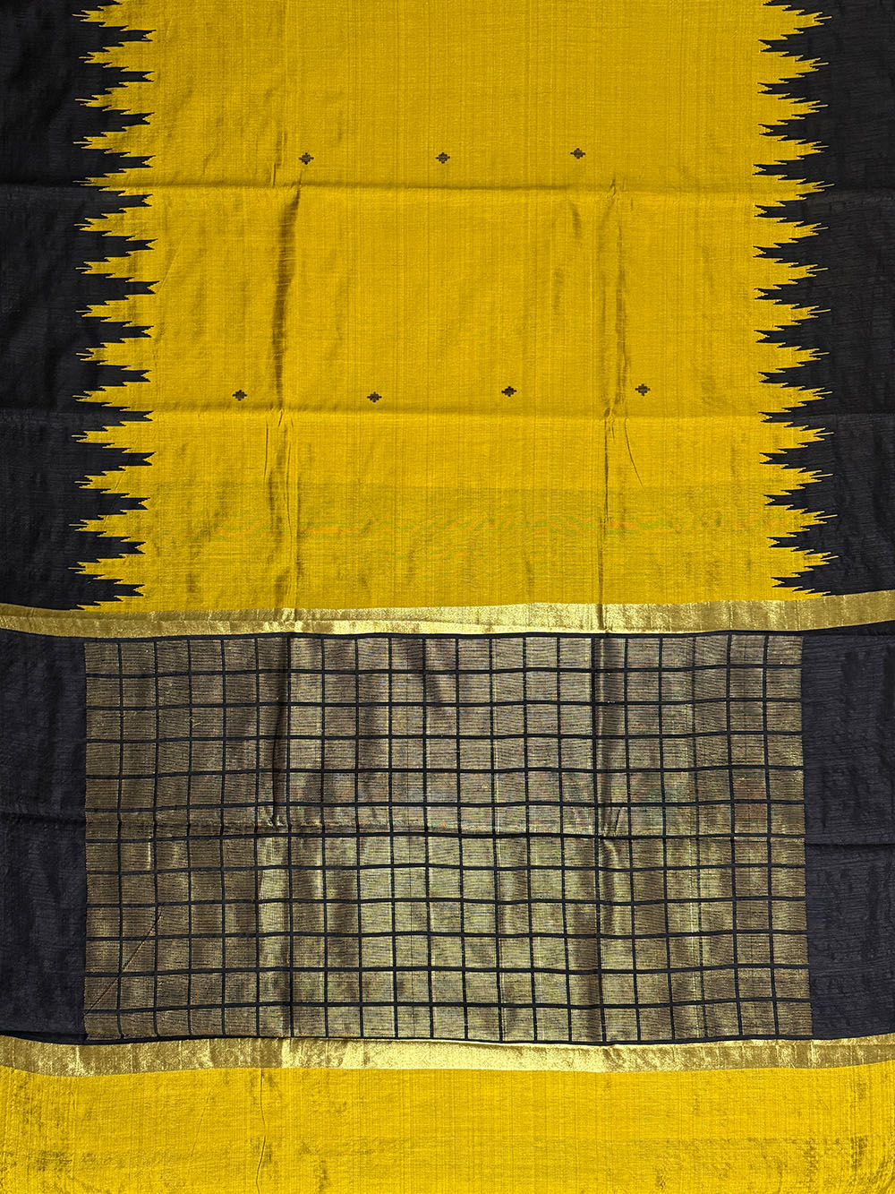 Mustard Yellow and Black Pure Raw Silk Handloom Saree with Temple Border