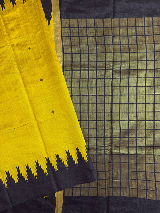 Mustard Yellow and Black Pure Raw Silk Handloom Saree with Temple Border