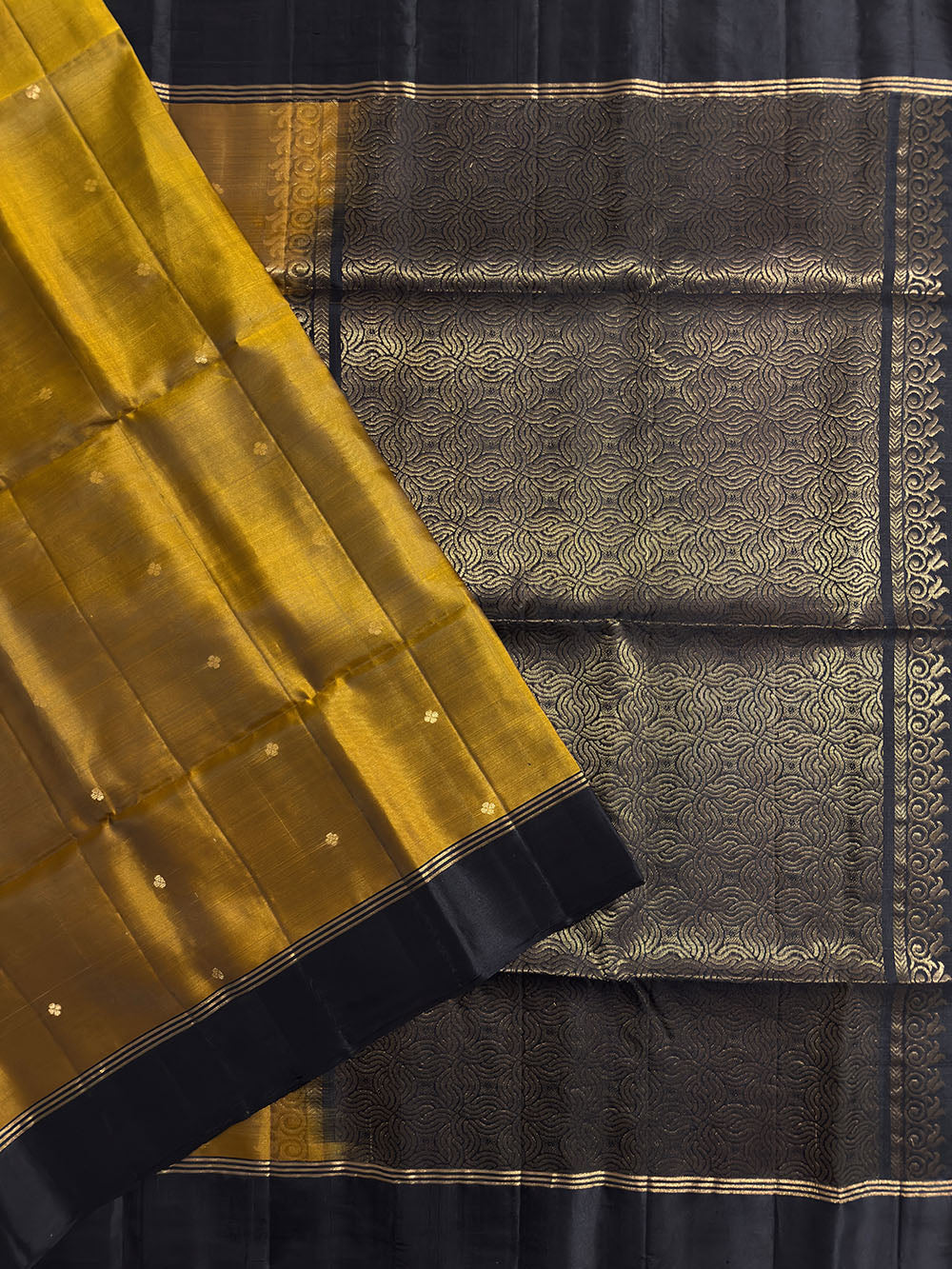 Mustard Yellow and Black Pure Soft Silk Handloom Saree