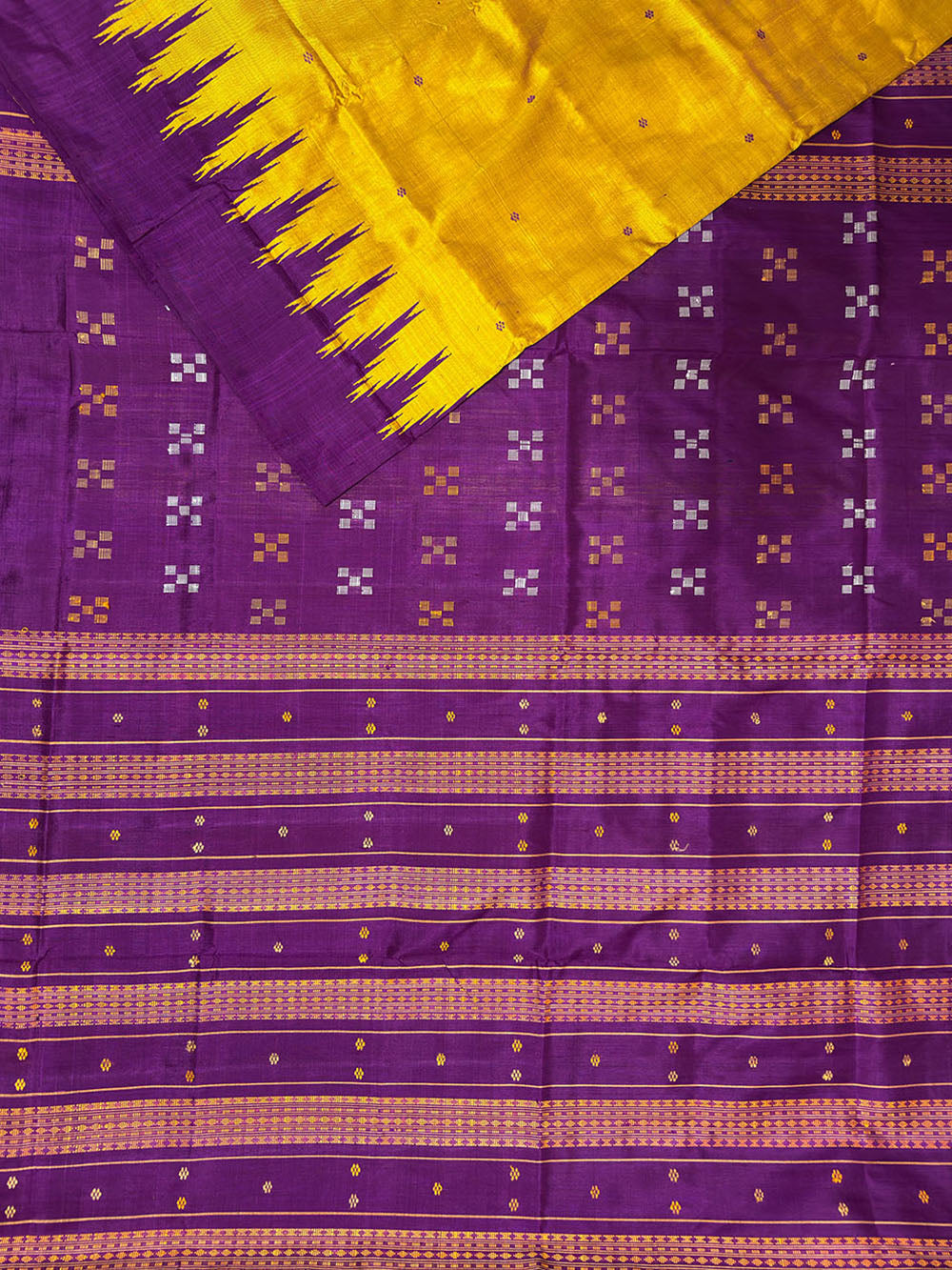 Mustard Yellow and Purple Double Pallu Handloom Berhampuri Pure Silk Patta Saree