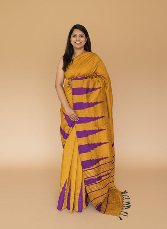 Mustard Yellow and Purple Pure Raw Silk Handloom Saree with Temple Border