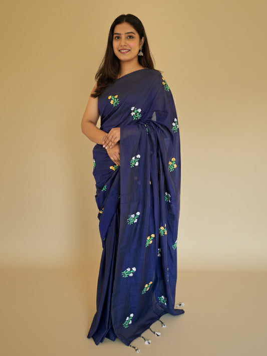Navy Blue Cotton Handloom Saree with Yellow Contrast Kantha Stitch Blouse