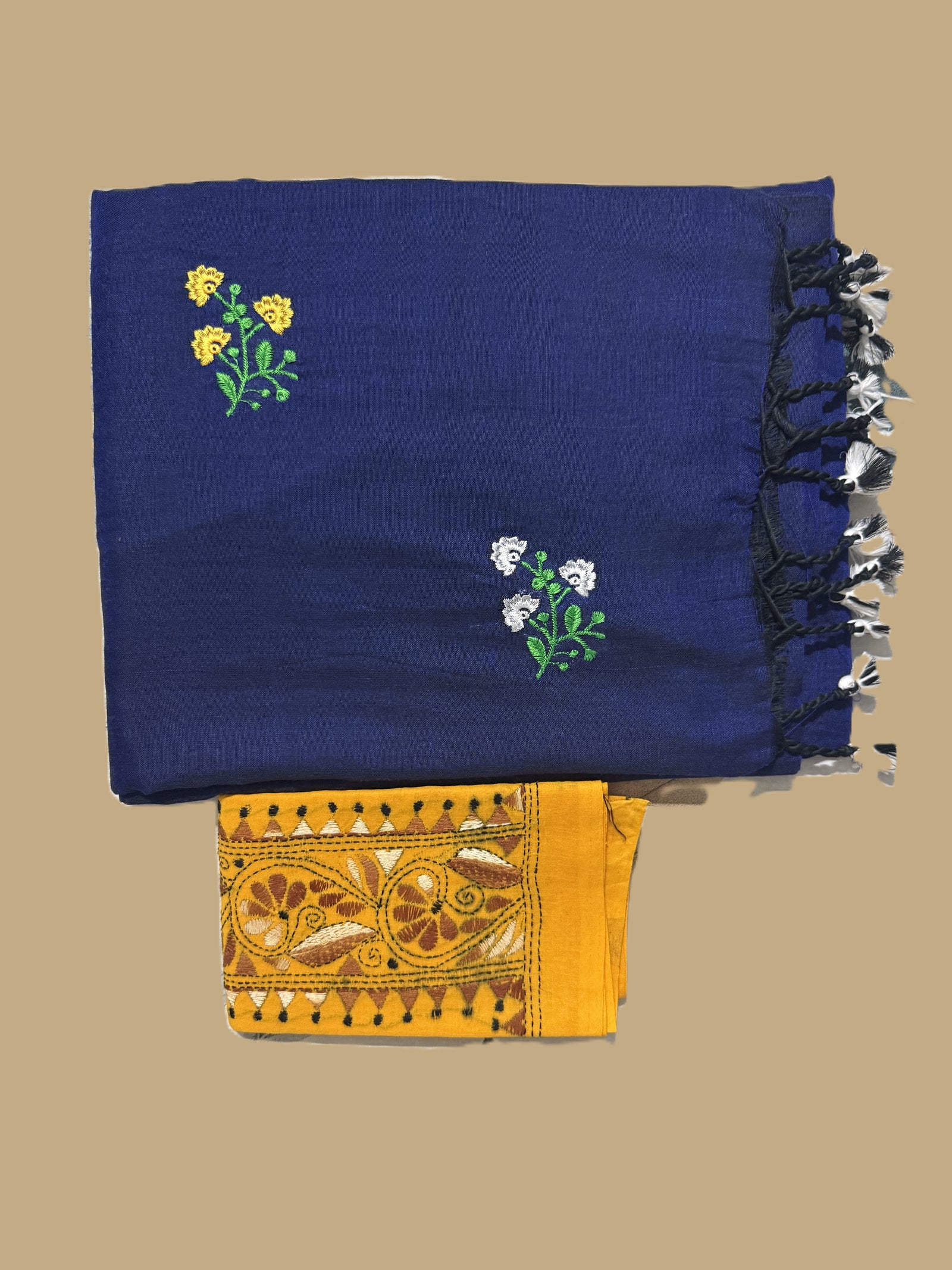 Navy Blue Cotton Handloom Saree with Yellow Contrast Kantha Stitch Blouse