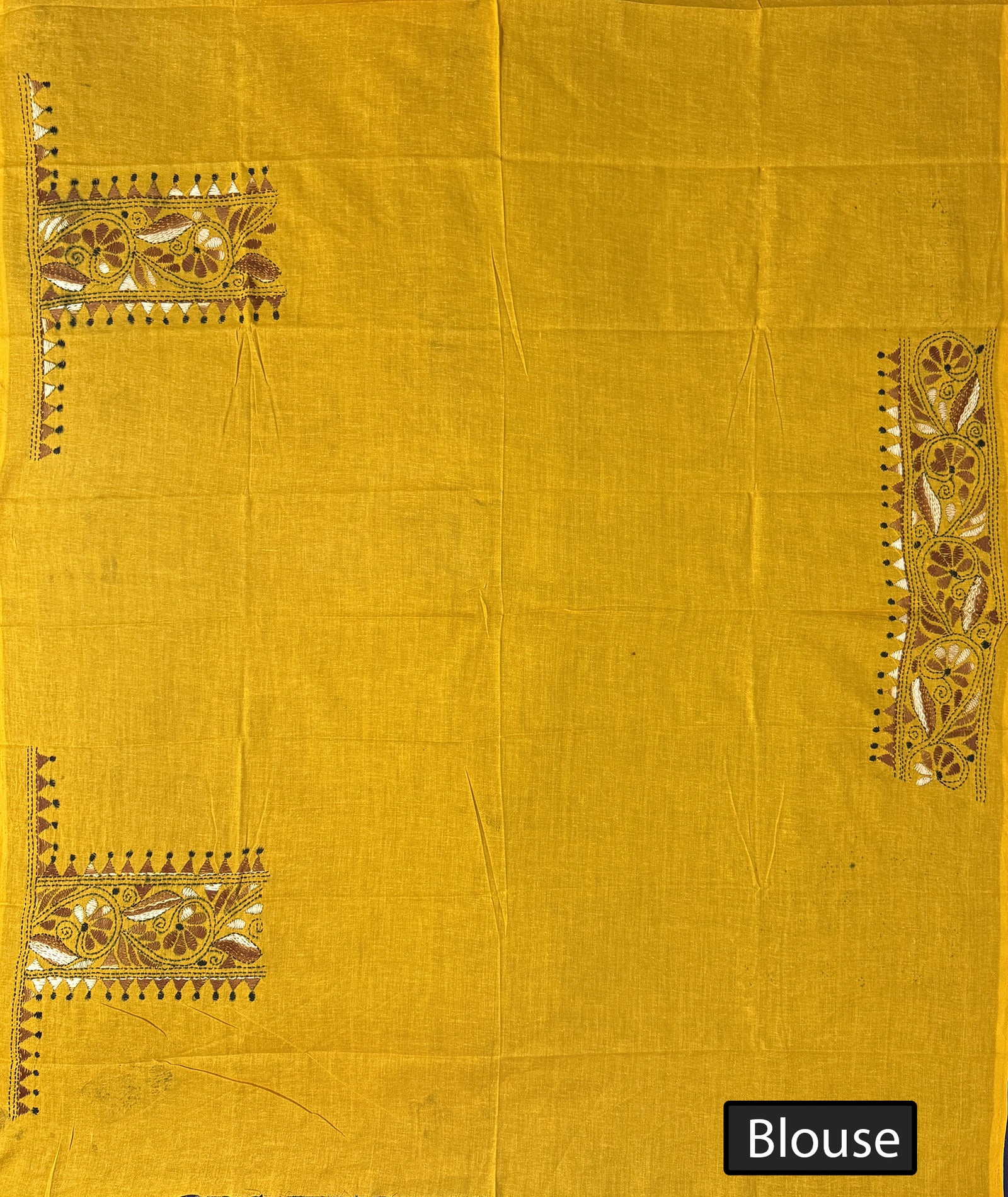 Navy Blue Cotton Handloom Saree with Yellow Contrast Kantha Stitch Blouse