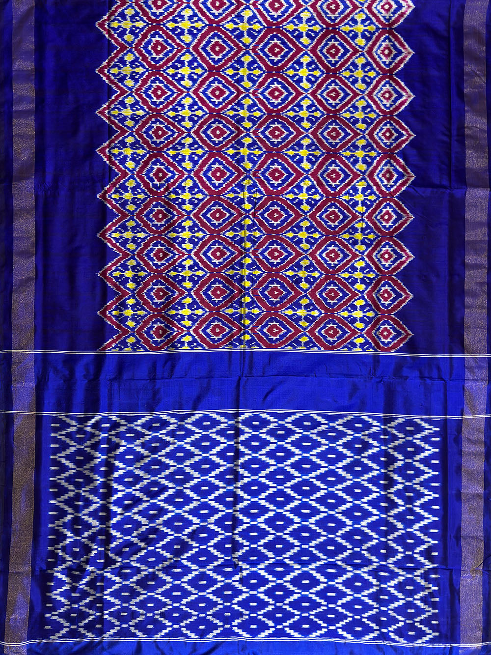 Navy Blue, Maroon and Yellow Pochampally Pure Silk Handloom Saree in Patola Pattern