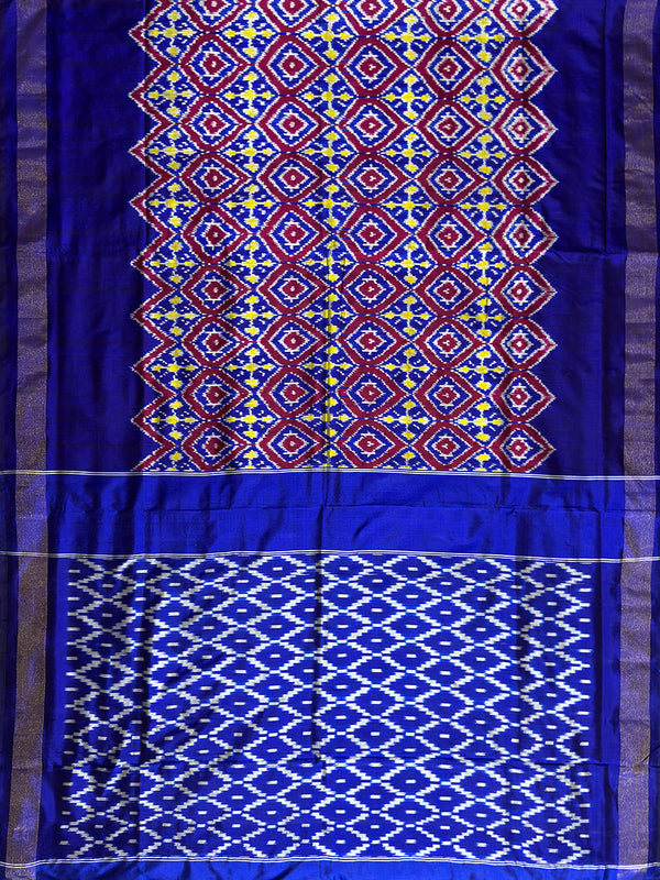 Navy Blue, Maroon and Yellow Pochampally Pure Silk Handloom Saree in Patola Pattern