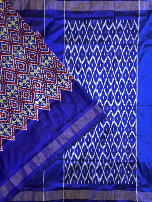 Navy Blue, Maroon and Yellow Pochampally Pure Silk Handloom Saree in Patola Pattern