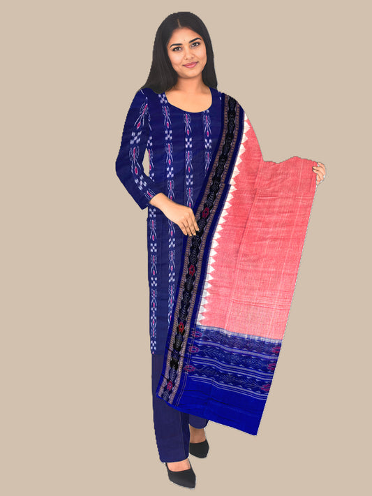 Navy Blue and Baby Pink Sambalpuri Handloom Cotton Dress Material