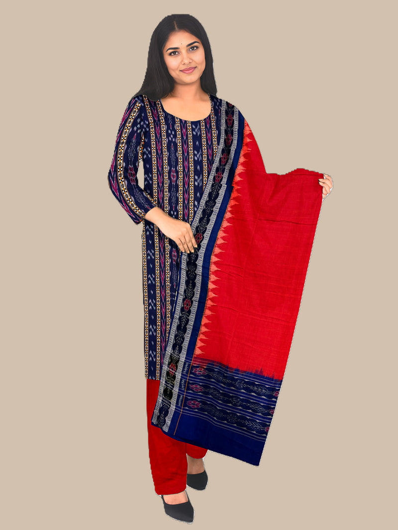 Navy Blue and Red Sambalpuri Handloom Cotton Dress Material