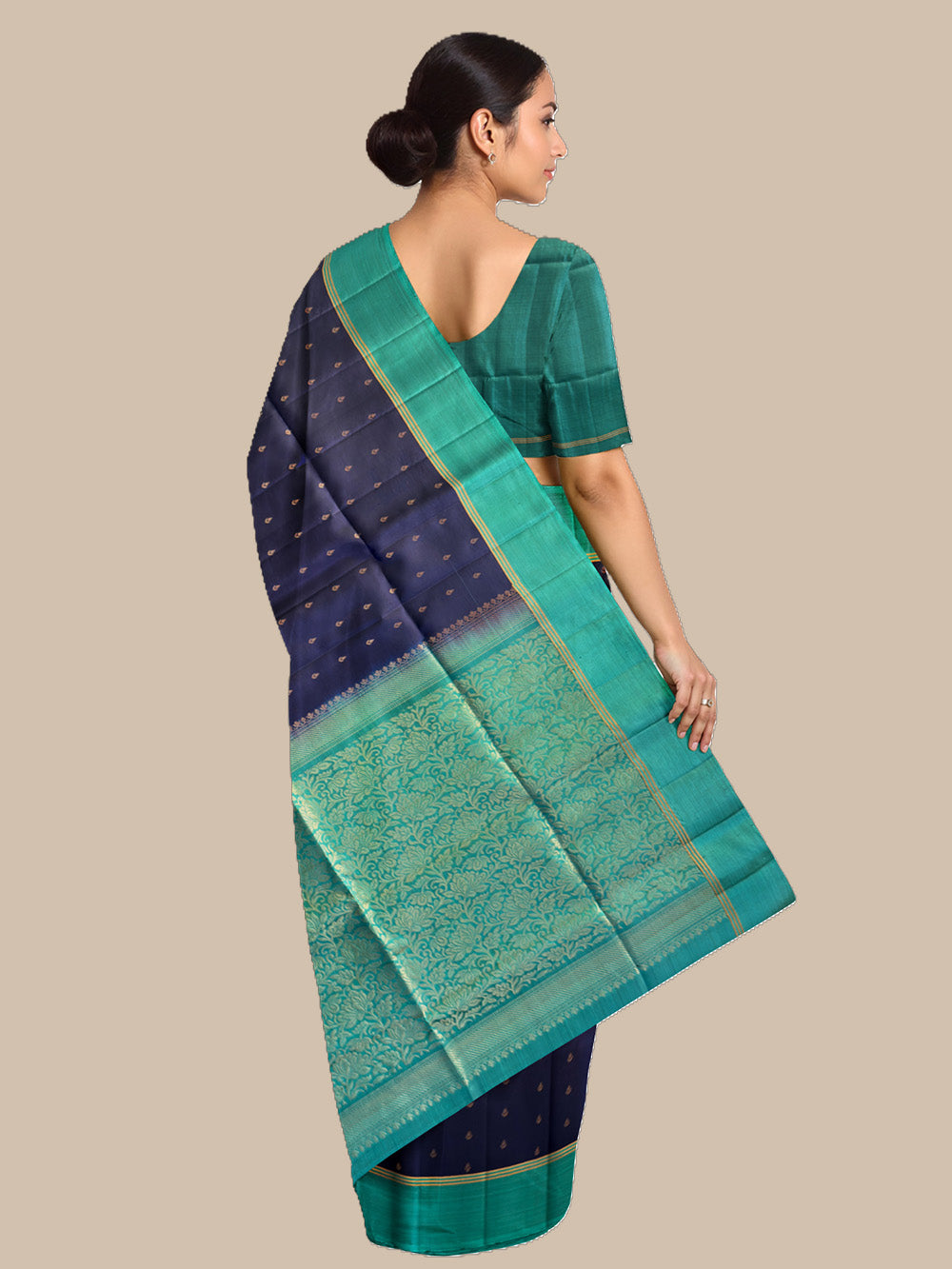 Navy Blue and Teal Pure Soft Silk Handloom Saree