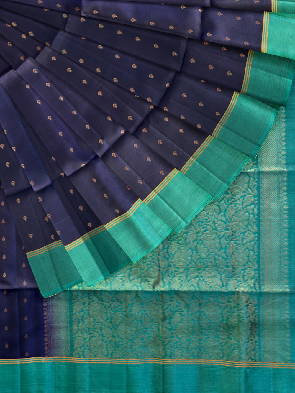 Navy Blue and Teal Pure Soft Silk Handloom Saree