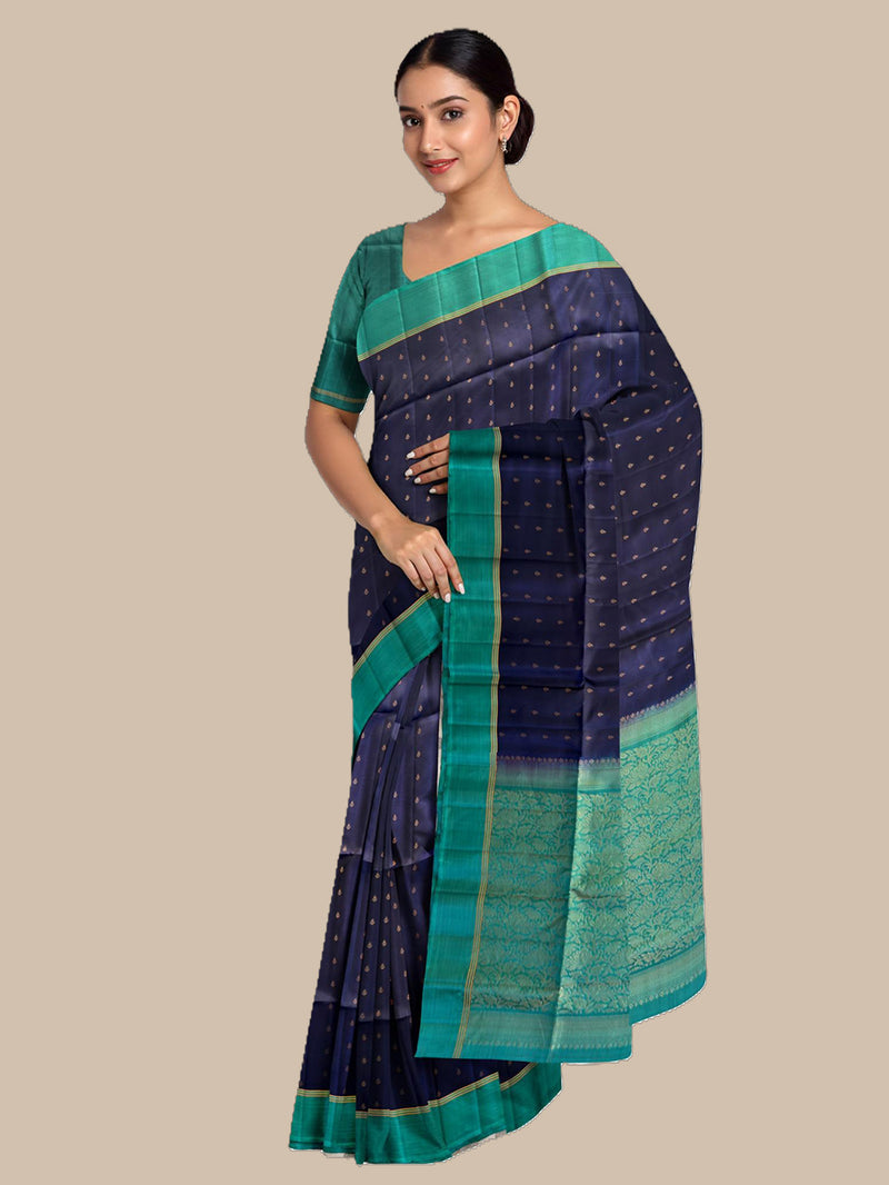 Navy Blue and Teal Pure Soft Silk Handloom Saree