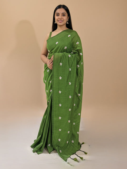 Olive Green Cotton Handloom Saree with White flower Embroidery