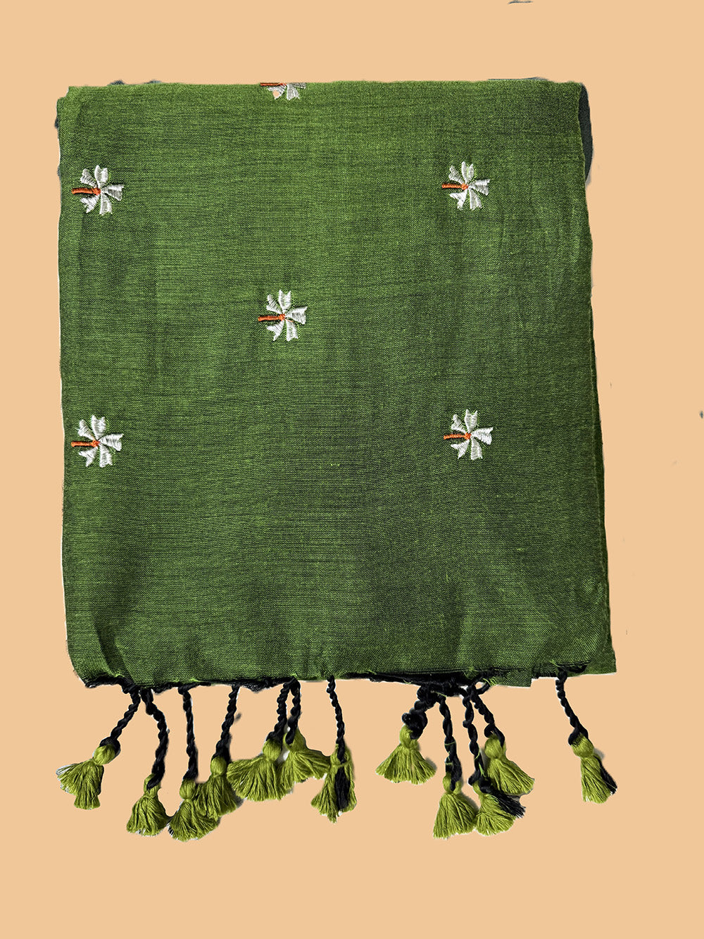 Olive Green Cotton Handloom Saree with White flower Embroidery