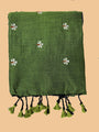Olive Green Cotton Handloom Saree with White flower Embroidery
