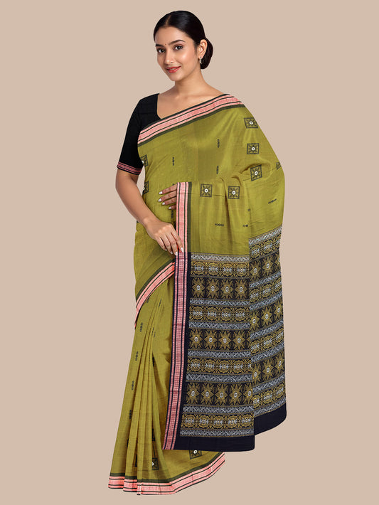 Olive Green and Black Handloom Cotton Sambalpuri Saree