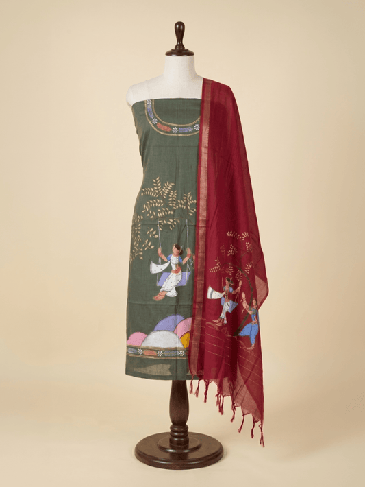 Olive Green and Red Raja Theme Hand Painted Pattachitra Dress Material