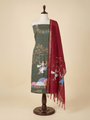Olive Green and Red Raja Theme Hand Painted Pattachitra Dress Material