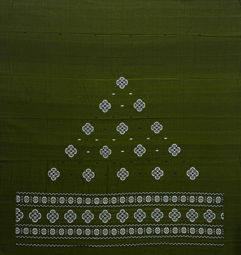 Olive Green and White Sambalpuri Handloom Cotton Dress Material