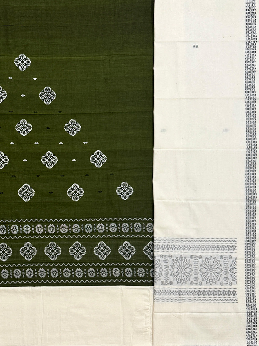 Olive Green and White Sambalpuri Handloom Cotton Dress Material