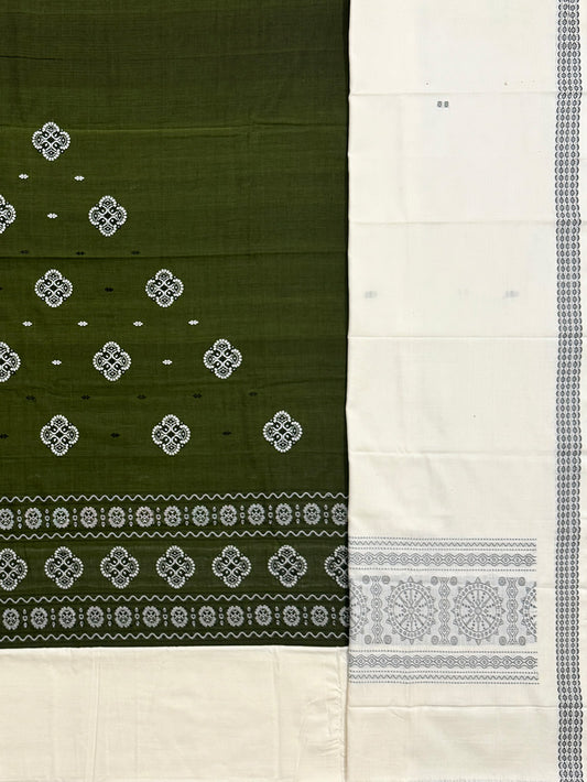 Olive Green and White Sambalpuri Handloom Cotton Dress Material