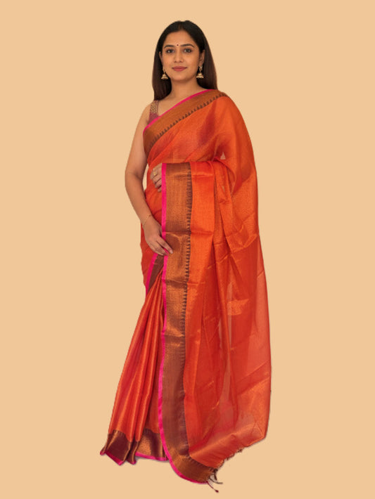 Orange Handloom Cotton Tissue Saree