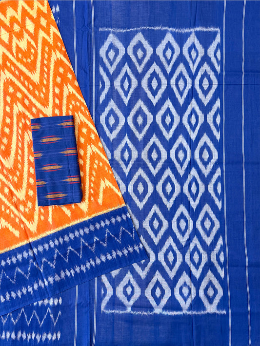Orange and Blue Pochampally Mercerised Cotton Handloom Saree in Ikkat Pattern