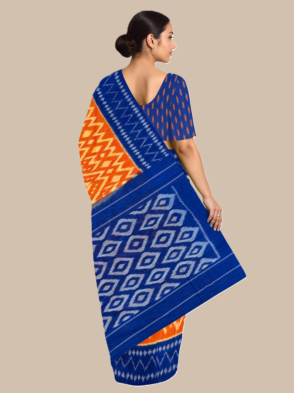 Orange and Blue Pochampally Mercerised Cotton Handloom Saree in Ikkat Pattern