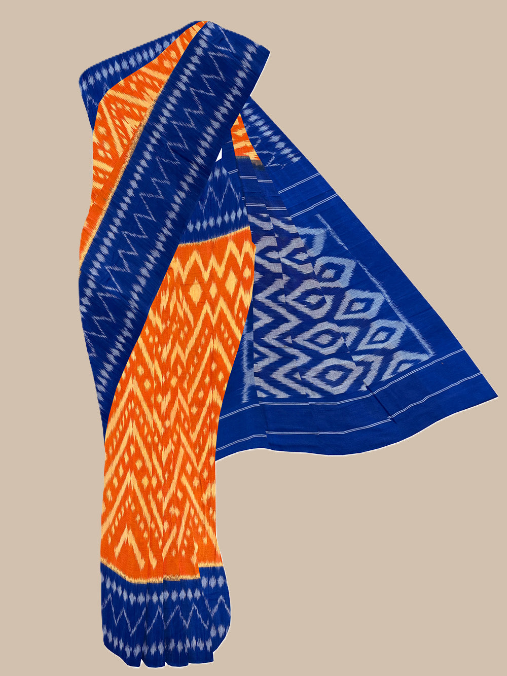 Orange and Blue Pochampally Mercerised Cotton Handloom Saree in Ikkat Pattern