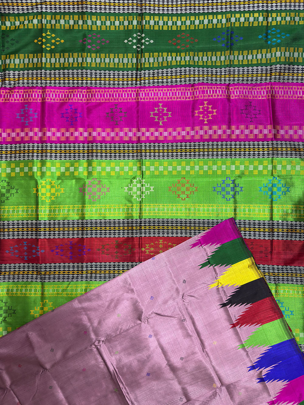 Pastel Pink Double Pallu Handloom Berhampuri Pure Silk Patta Saree