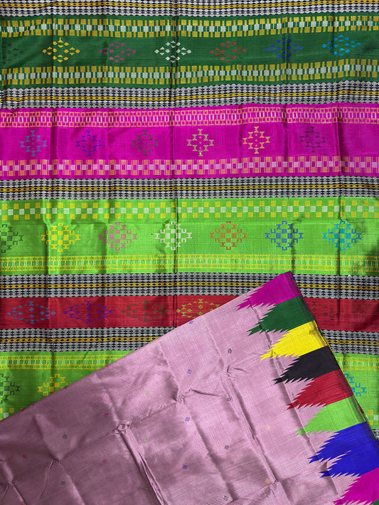 Pastel Pink Double Pallu Handloom Berhampuri Pure Silk Patta Saree