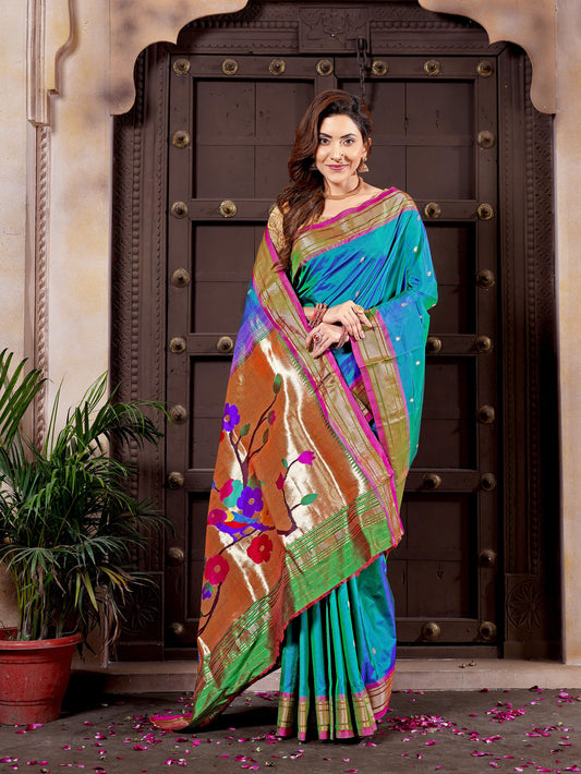Peacock Green and Blue Dual Tone Pure Silk Paithani Handloom Saree with Double Pallu & Parrot Design
