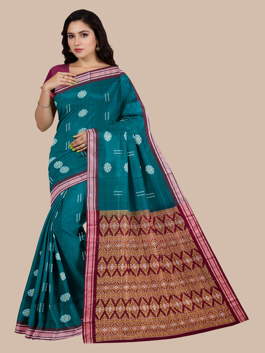 Pine Green and Maroon Handloom Cotton Sambalpuri Saree