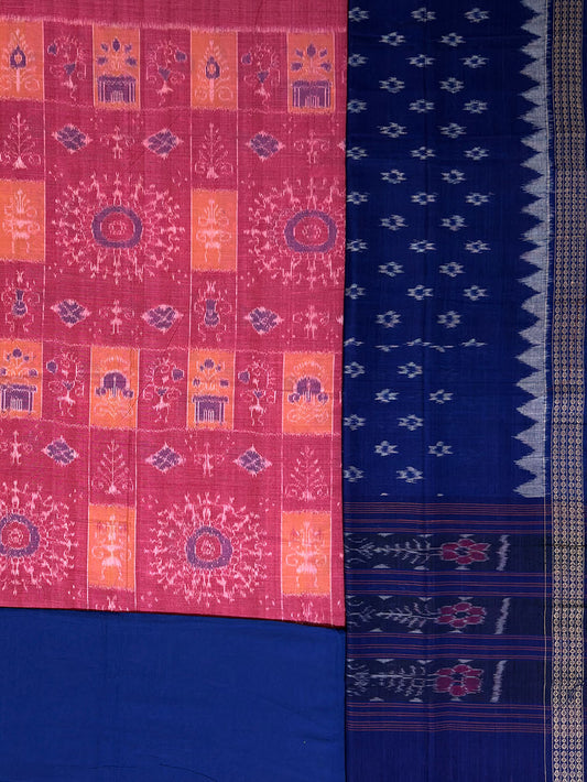 Pink, Peach and Navy Blue Sambalpuri Handloom Cotton Dress Material