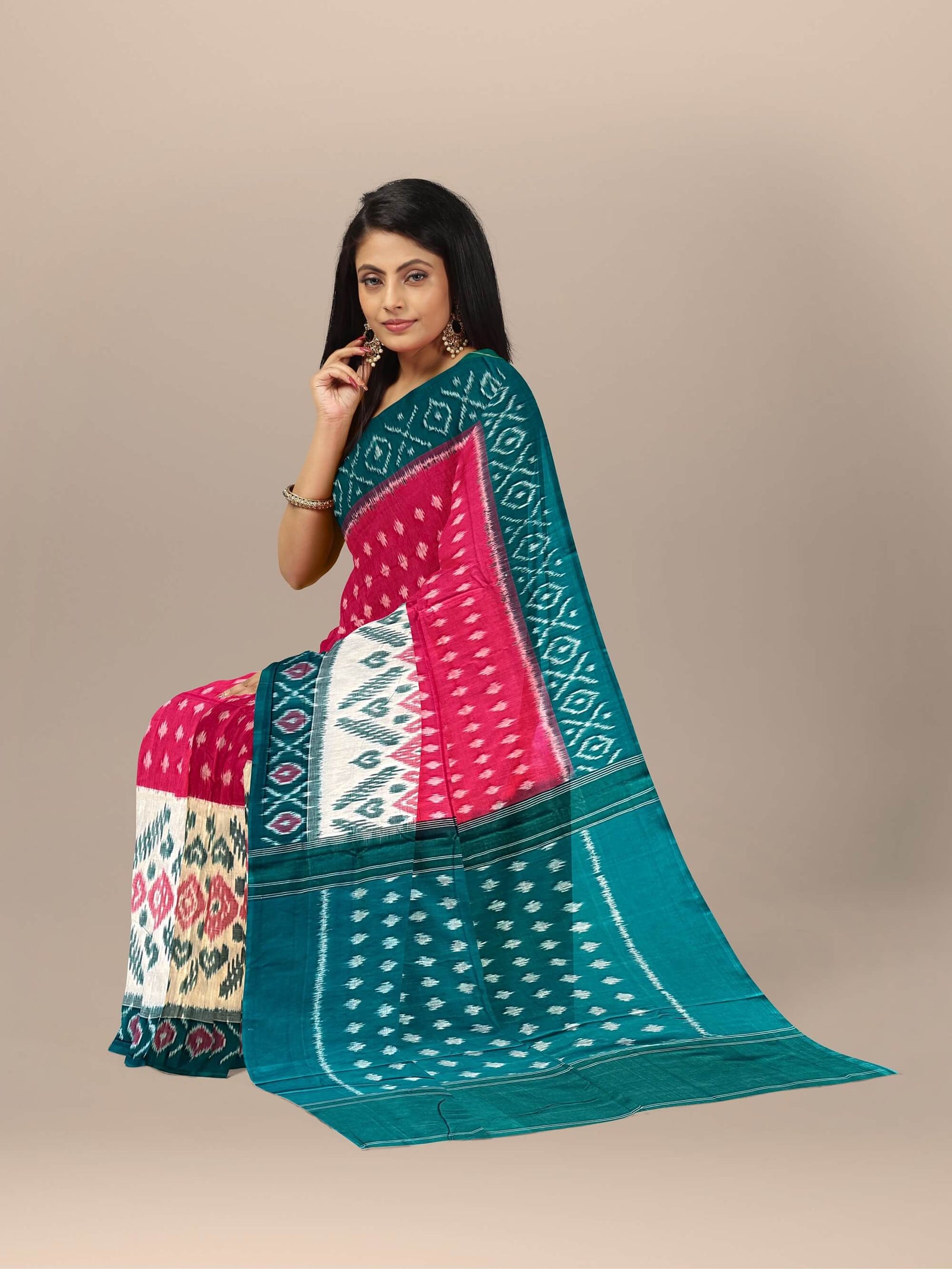 Pink & Teal Pochampally Mercerised Cotton Handloom Saree in Ikkat Pattern