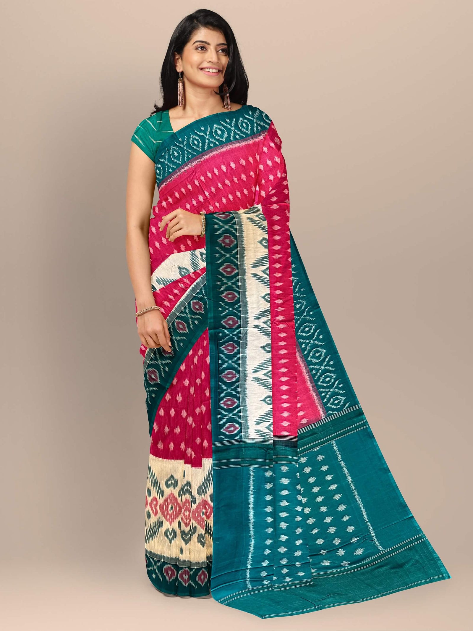 Pink & Teal Pochampally Mercerised Cotton Handloom Saree in Ikkat Pattern