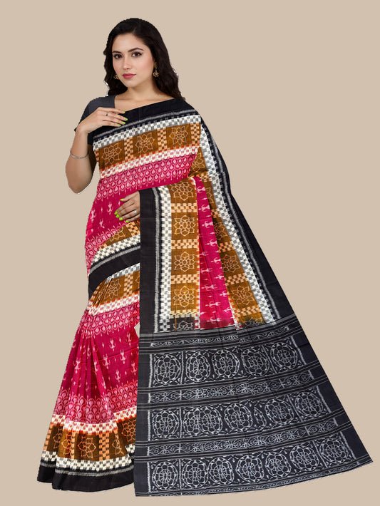 Pink, White and Black Sambalpuri Handloom Cotton Saree