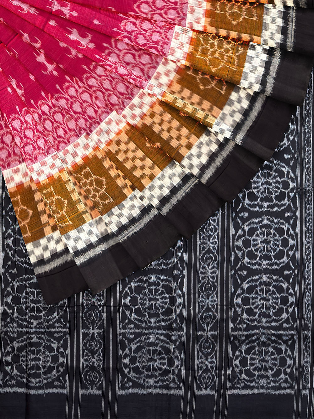 Pink, White and Black Sambalpuri Handloom Cotton Saree