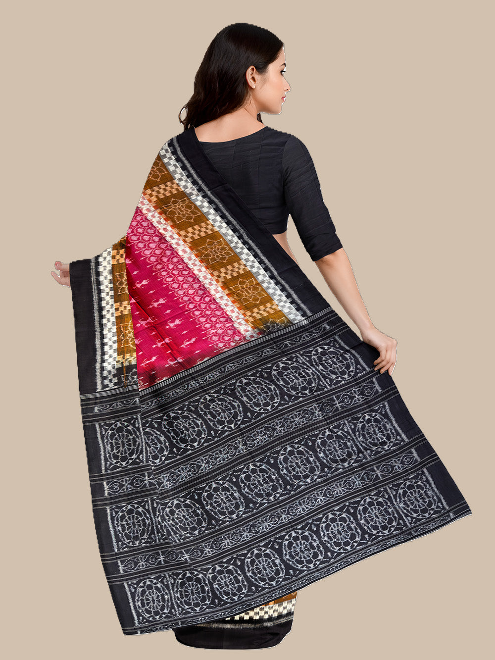 Pink, White and Black Sambalpuri Handloom Cotton Saree