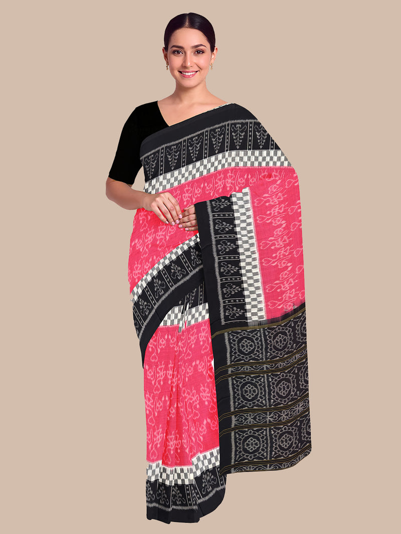Pink and Black Handloom Cotton Sambalpuri Saree