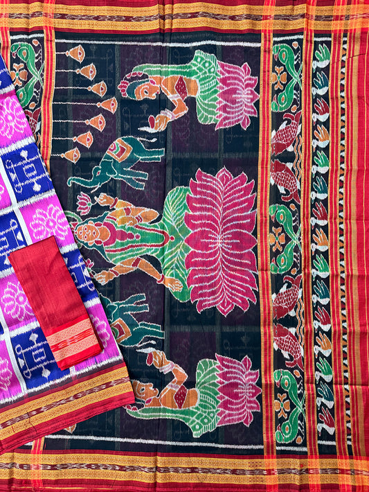 Pink and Blue Pure Silk Handloom Khandua Patta Saree with Goddess Laxmi Motifs
