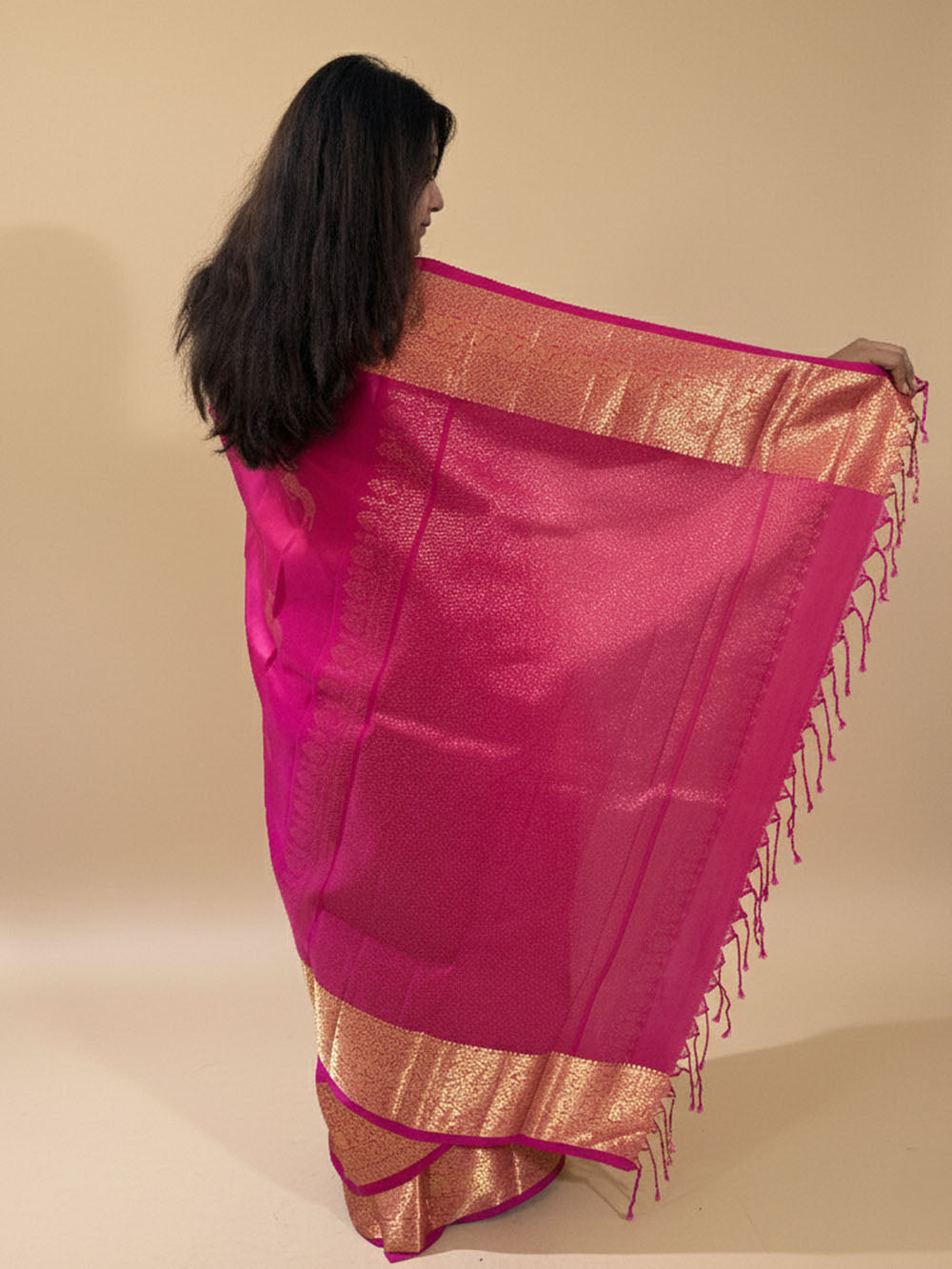Pink and Golden Pure Silk Kanjivaram Handloom Saree with Deer Motifs