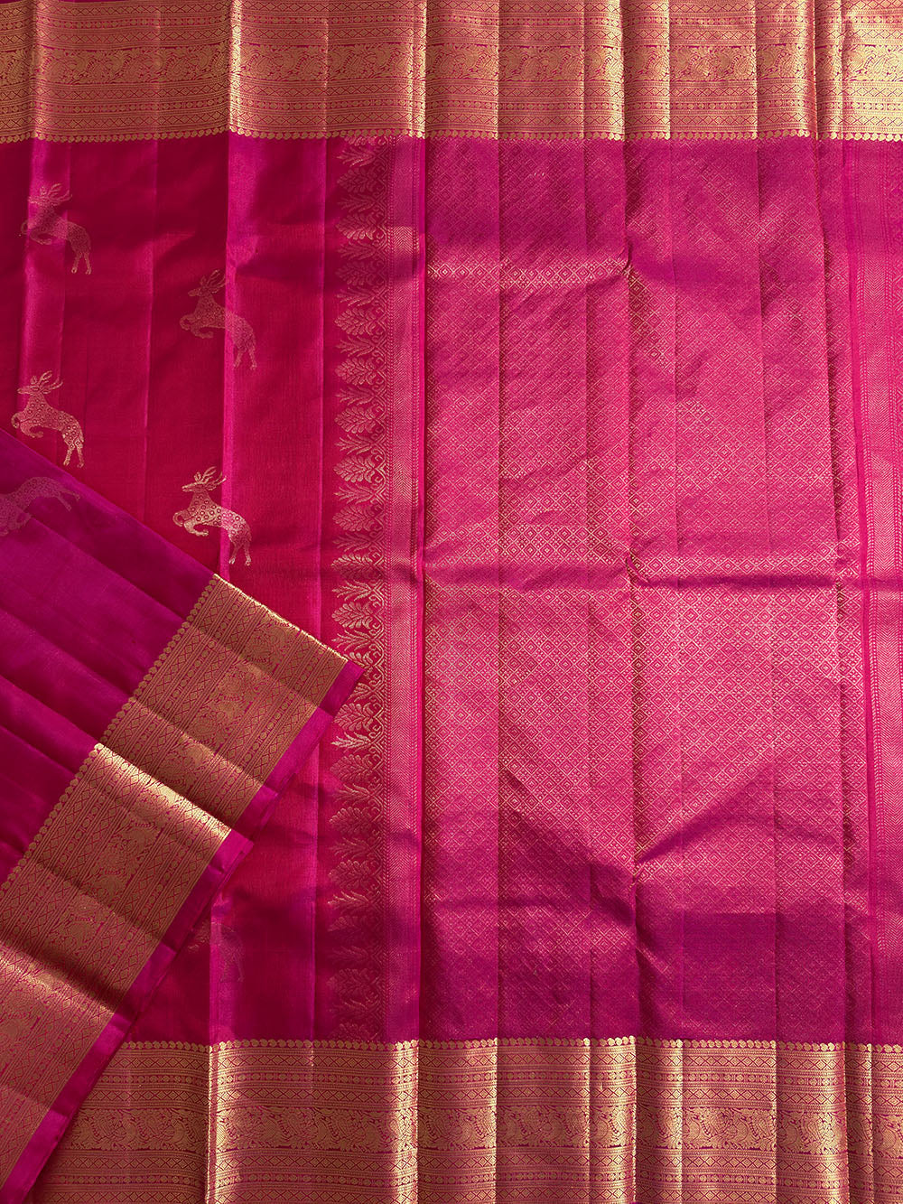 Pink and Golden Pure Silk Kanjivaram Handloom Saree with Deer Motifs