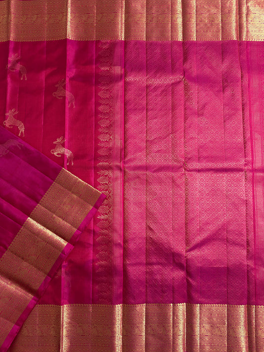 Pink and Golden Pure Silk Kanjivaram Handloom Saree with Deer Motifs