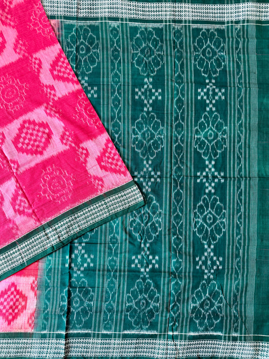 Pink and Green Handloom Cotton Sambalpuri Saree
